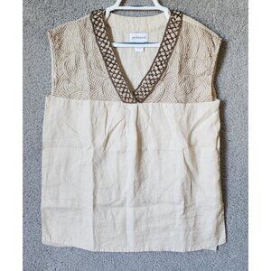 Peck & Peck‎ Women's Sleeveless Beaded V Neck Boxy Top Embroidered Linen Beige M